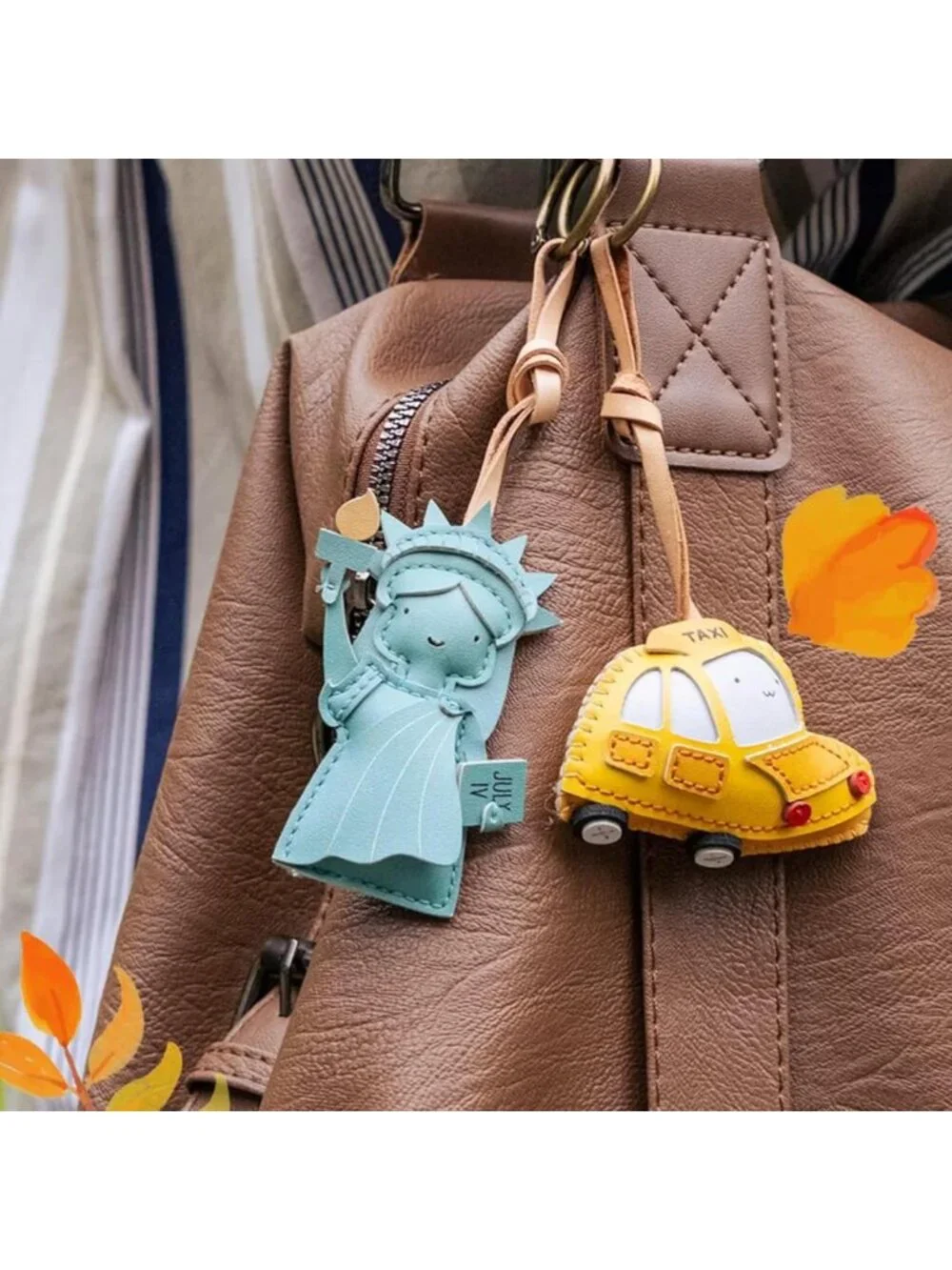 Hand-Sewn Leather Charm Keychain - Travel Icon Bag Accessory for Car & Backpack